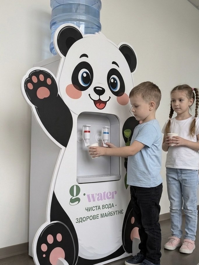Діти набирають воду з кулера G-Water з фігурою панди
